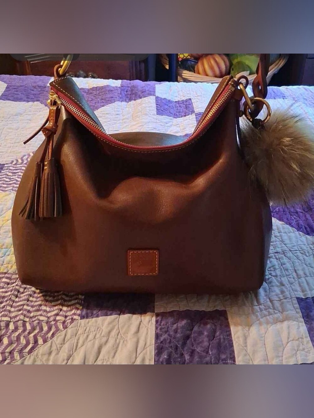 Dooney Bourke Leather Hobo Tote Bag in Brown with Fur Pom
